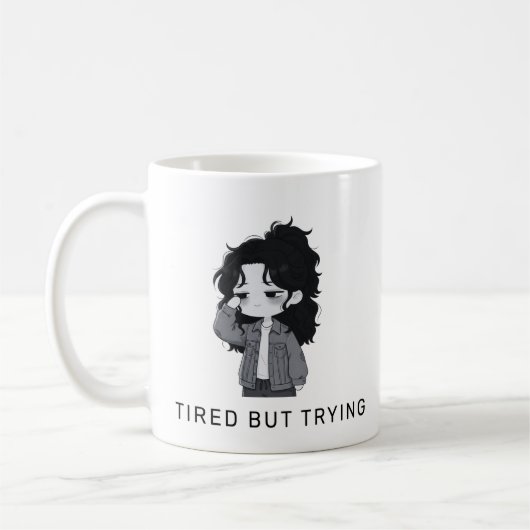 疲れたけど頑張ってる可愛いちびキャラ女子 コーヒーマグカップ (左)