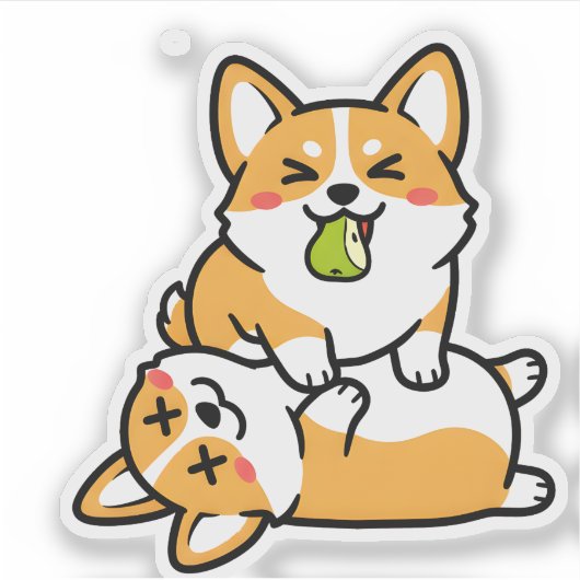 疲れたコーギーの上の梨を持つかわいいコーギー 笑える犬のイラスト シール (正面)