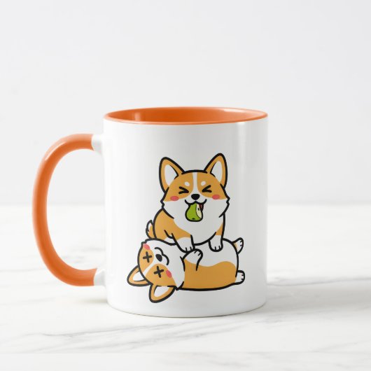 疲れたコーギーの上の梨を持つかわいいコーギー 笑える犬のイラスト マグカップ (左)