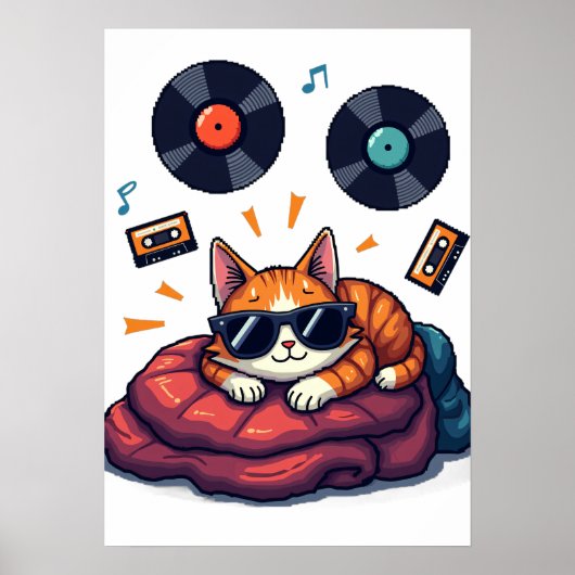 疲れたミュージシャン猫のビニールレコードステッカー ポスター (正面)