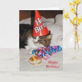 疲れた子猫インハットビートデイカード カード (黄色い花)