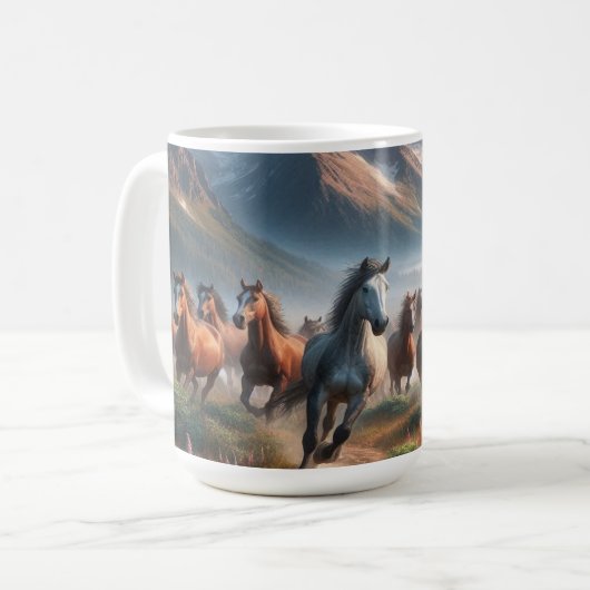 疾走する馬の群れ、霧の山の風景 コーヒーマグカップ (正面左)