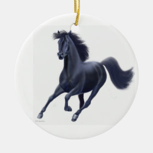 疾走する黒い純血種の馬のオーナメント セラミックオーナメント