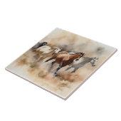 「疾走する５頭の野生馬」　ダスティ・ウェスタン・ウォータカラー タイル (側面)