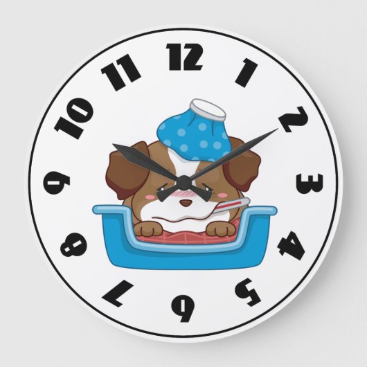 病気の子犬の時計 ラージ壁時計 (正面)