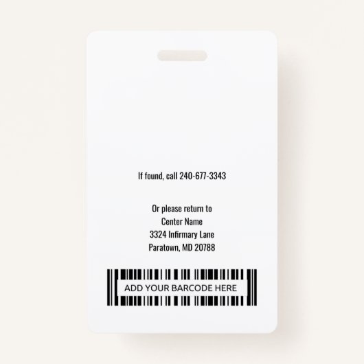 病院のパーソナライズされたロゴと従業員の写真ID バッジ (裏面)