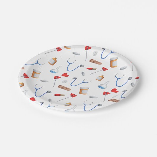 病院の医療機器パターン(の模様が)ある ペーパープレート (アングル)