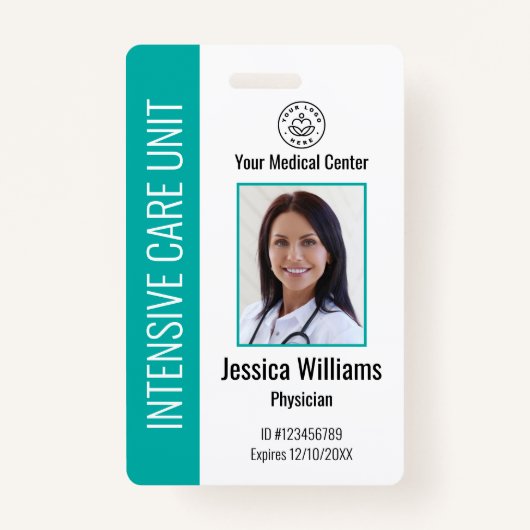病院パーソナライズされた従業員ロゴ写真ティール(緑がかった色)ID バッジ (正面)