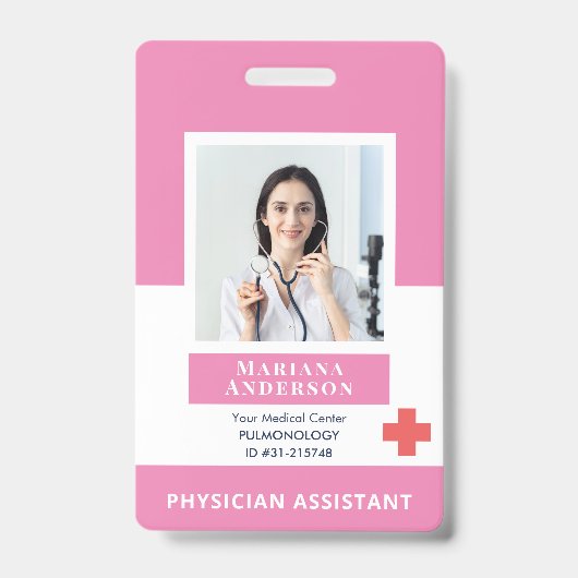 病院パーソナライズされた社員ロゴ&フォトピンク バッジ (正面)