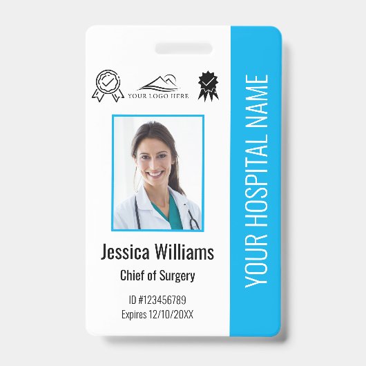 病院従業員の写真証明ブルーID バッジ (正面)