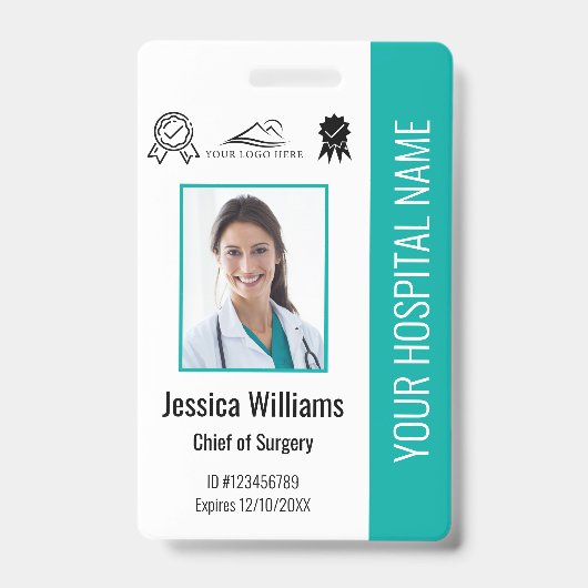 病院職員写真認証ターコイズID バッジ (正面)