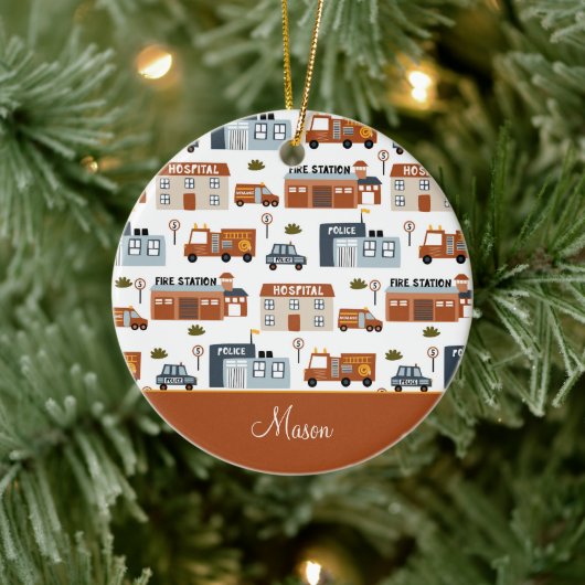 病院、火災、警察の街のパターン子供のクリスマス セラミックオーナメント (ツリー)