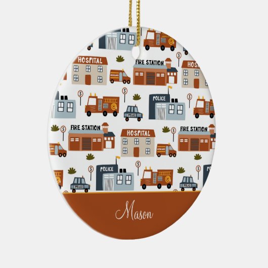 病院、火災、警察の街のパターン子供のクリスマス セラミックオーナメント (右)