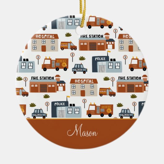 病院、火災、警察の街のパターン子供のクリスマス セラミックオーナメント (正面)