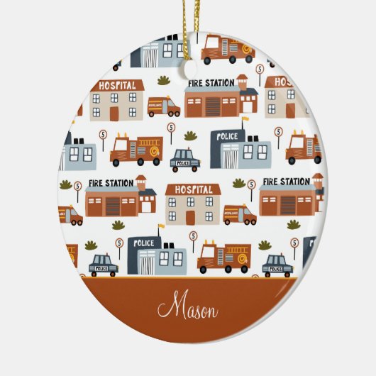 病院、火災、警察の街のパターン子供のクリスマス セラミックオーナメント (左)