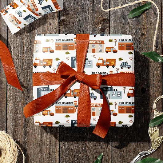 病院、火災、警察の都市のパター子供へン ラッピングペーパー