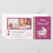病院IDラベルベビー誕生のお知らせ：ピンク 案内状 (正面/裏面)