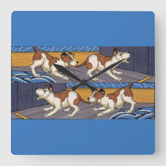 痛っ!犬にかまれる スクエア壁時計 (正面)