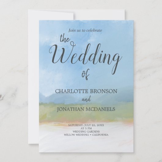 痛み入りランドスケープ青結婚空 招待状 (正面)