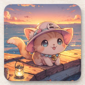 癒しのちび猫と港の夕焼け ~ ファンタジーな世界 コースター (正面)