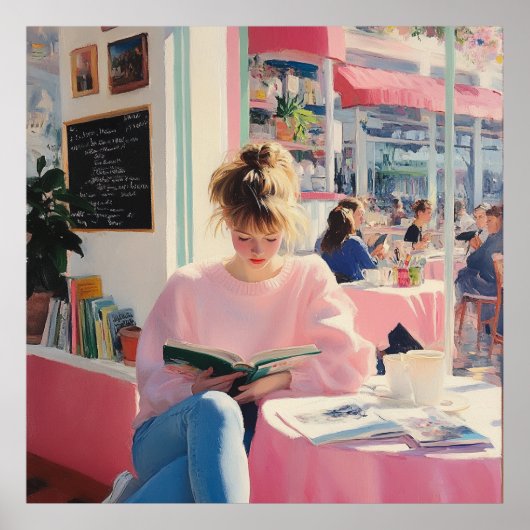 癒しのカフェ読書: 静かなひとときのチャーミングアート ポスター (正面)