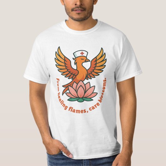 癒しのフェニックス - 癒しの炎から、ケアが花開く Tシャツ (正面)
