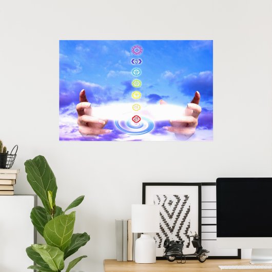 癒しの手、エネルギー、チャクラ記号、青 ポスター (ホームオフィス)