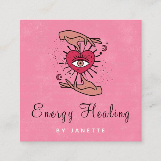 癒しの手&神秘的なムーンアイピンク赤エネルギー スクエア名刺 (正面)