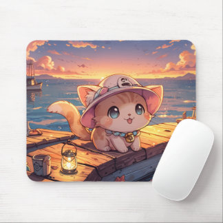 癒しの港の夕焼けとちび猫 – ファンタジー マウスパッド