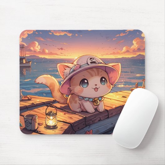 癒しの港の夕焼けとちび猫 – ファンタジー マウスパッド (マウス)