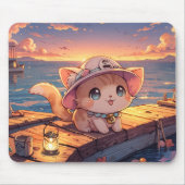 癒しの港の夕焼けとちび猫 – ファンタジー マウスパッド (正面)