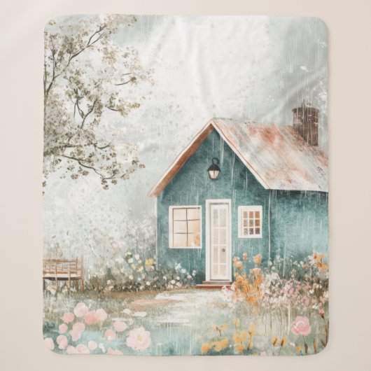 癒しの雨のログハウスと野の花の庭の風景 シェルパブランケット (正面)