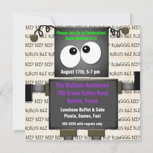 発信音の発信音のロボットは誕生日の招待状をカスタマイズ 招待状 (裏面)