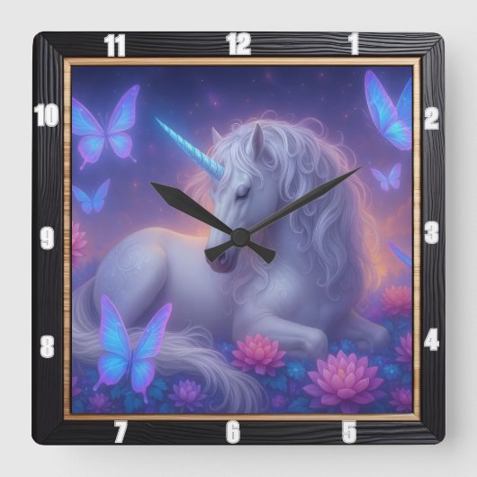 発光するユニコーンバタフライファンタジー スクエア壁時計 (正面)