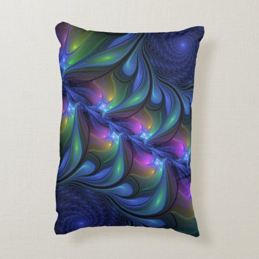 発光カラフル抽象芸術ブルーピンク緑フラクタル アクセントクッション (裏面(縦))