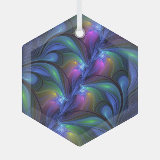 発光カラフル抽象芸術ブルーピンク緑フラクタル ガラスオーナメント (正面)