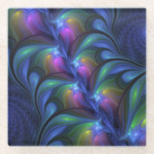 発光カラフル抽象芸術ブルーピンク緑フラクタル ガラスコースター (正面)