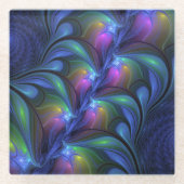 発光カラフル抽象芸術ブルーピンク緑フラクタル ガラスコースター (正面)