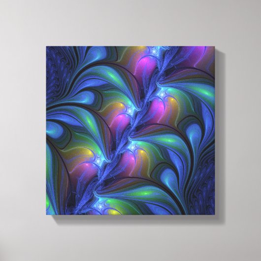 発光カラフル抽象芸術ブルーピンク緑フラクタル キャンバスプリント (正面)