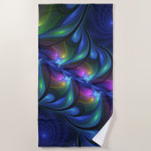 発光カラフル抽象芸術ブルーピンク緑フラクタル ビーチタオル (正面)