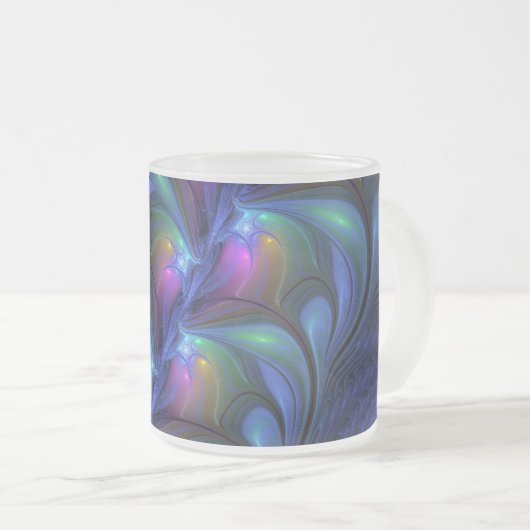 発光カラフル抽象芸術ブルーピンク緑フラクタル フロストグラスマグカップ (正面右)