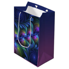 発光カラフル抽象芸術ブルーピンク緑フラクタル ミディアムペーパーバッグ