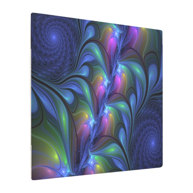発光カラフル抽象芸術ブルーピンク緑フラクタル メタルプリント (アングル)