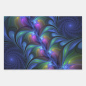 発光カラフル抽象芸術ブルーピンク緑フラクタル ラッピングペーパーシート (正面)