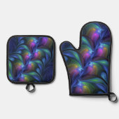 発光カラフル抽象芸術ブルーピンク緑フラクタル 鍋つかみ&鍋敷きセット (正面)
