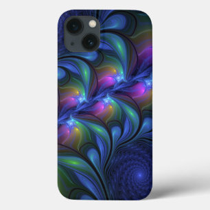 発光カラフル抽象芸術ブルーピンク緑フラクタル iPhone 13ケース