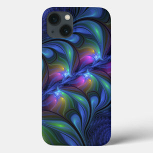 発光カラフル抽象芸術ブルーピンク緑フラクタル iPhone 13ケース