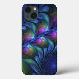 発光カラフル抽象芸術ブルーピンク緑フラクタル iPhone 13ケース