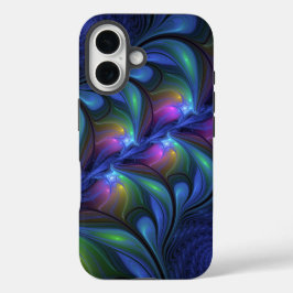 発光カラフル抽象芸術ブルーピンク緑フラクタル iPhone 16ケース