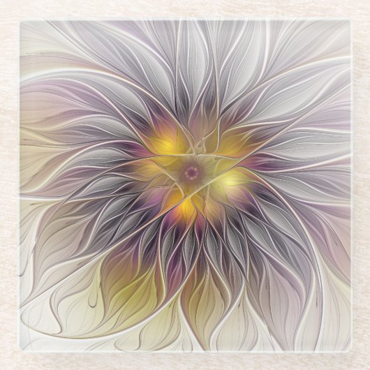 発光カラフル花、抽象芸術フラモダンクタル ガラスコースター (正面)